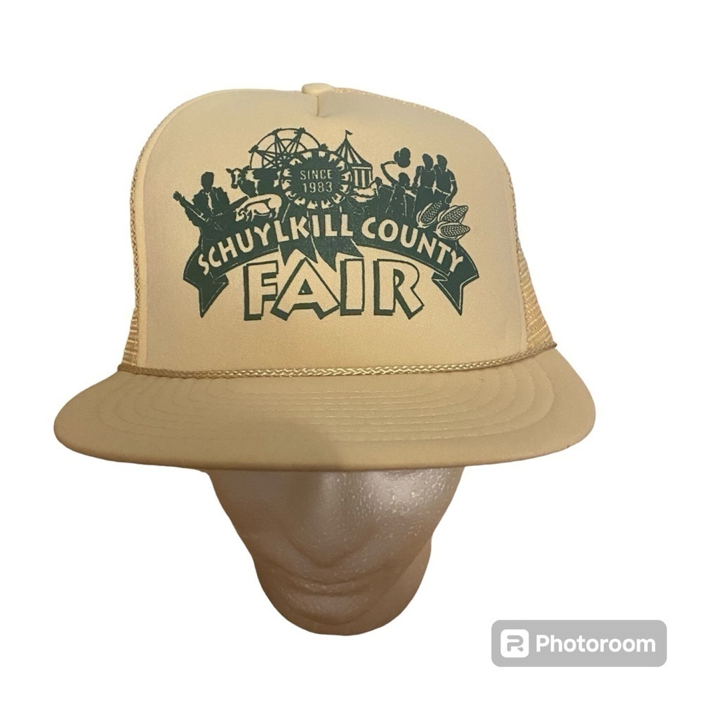 Vintage Schuylkill County Fair Trucker Hat Snap Back Mesh Back Cream Lapel 90s